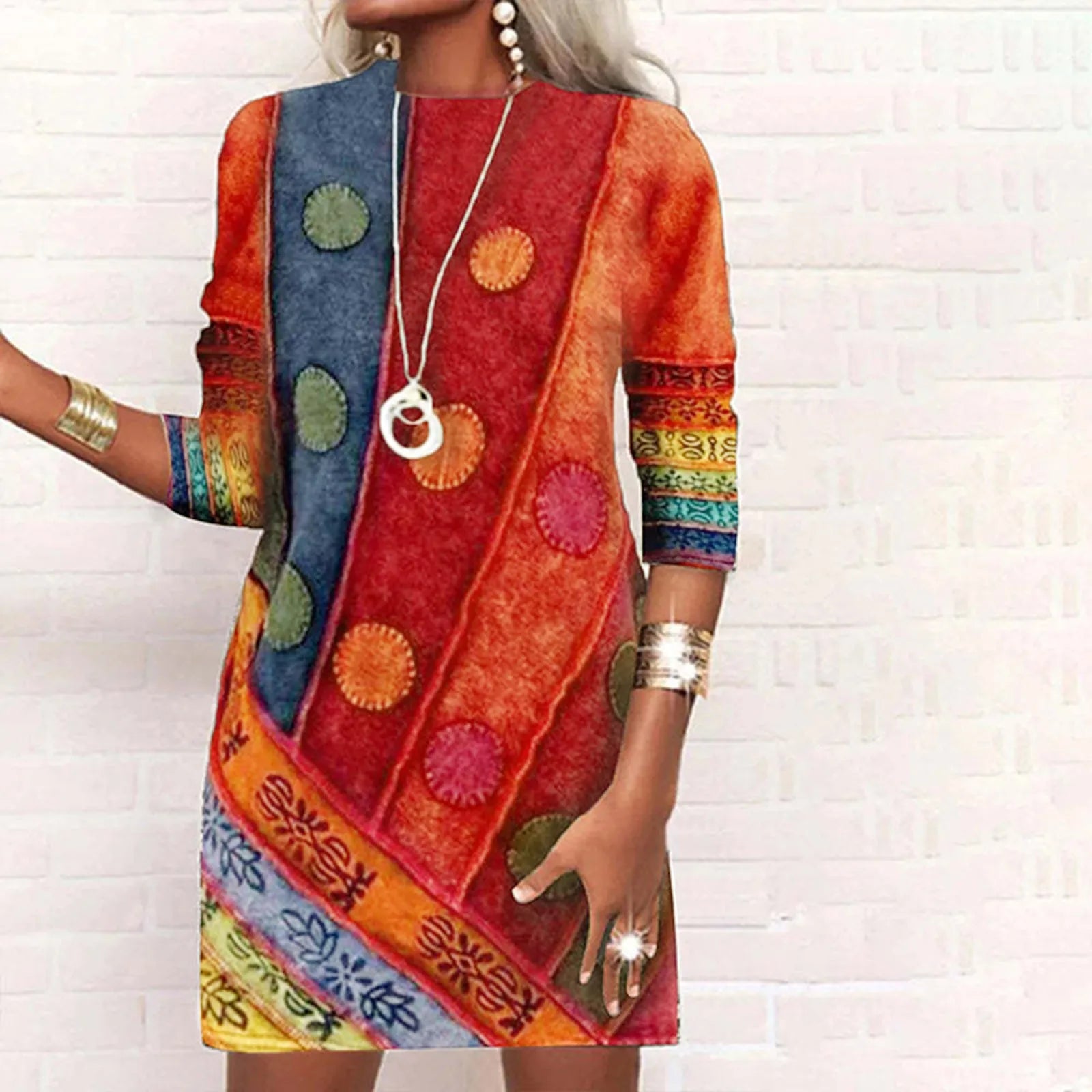 2024 Vintage A-Line Mini Dress with Geometric Print & Long Sleeves - Y2K Autumn Fashion