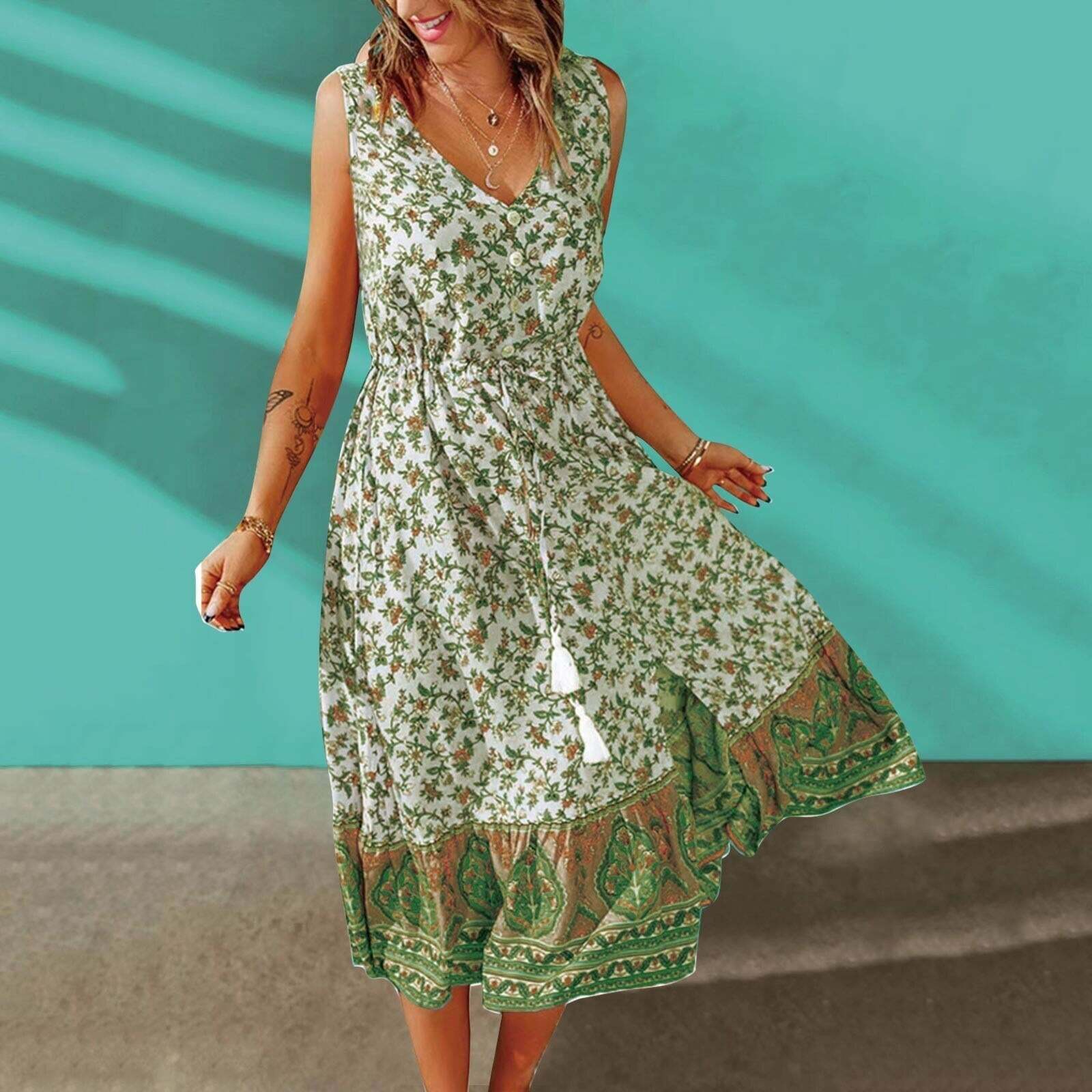 2024 Vintage Floral Midi Dress - Y2K Boho Aesthetic with Cute Details & Comfy Fit