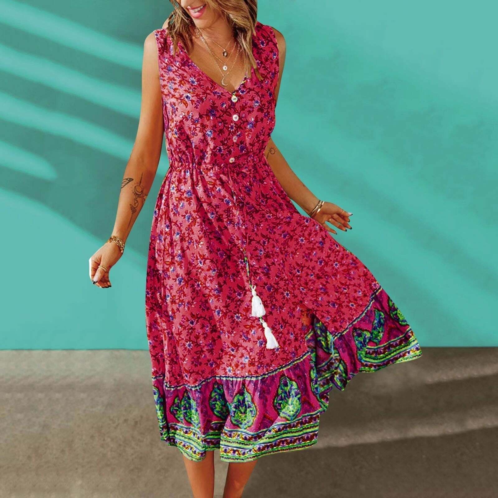 2024 Vintage Floral Midi Dress - Y2K Boho Aesthetic with Cute Details & Comfy Fit