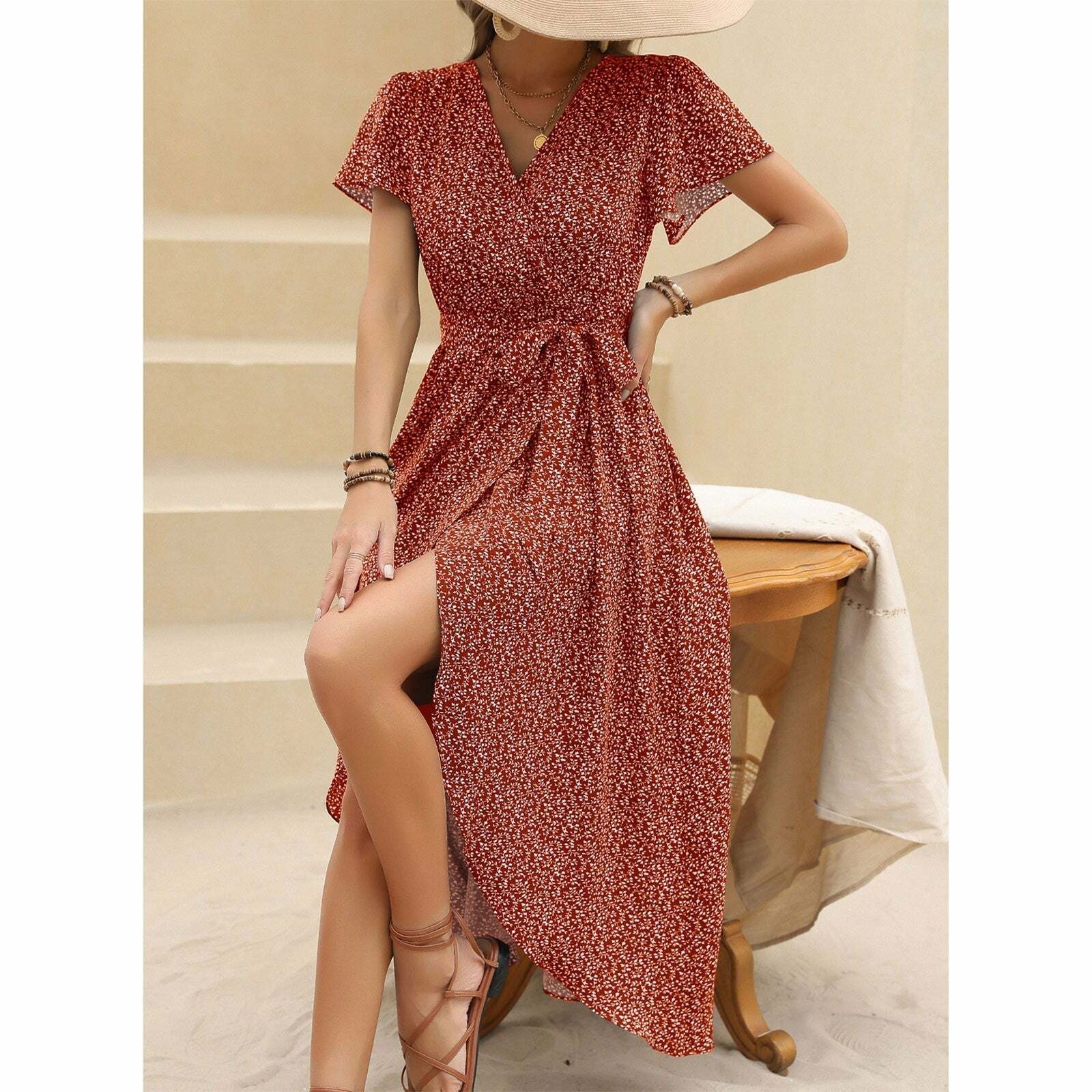 2024 Y2K Vintage V-Neck Boho Dress with Waist Tie - Cute Pastel Aesthetic Fashion