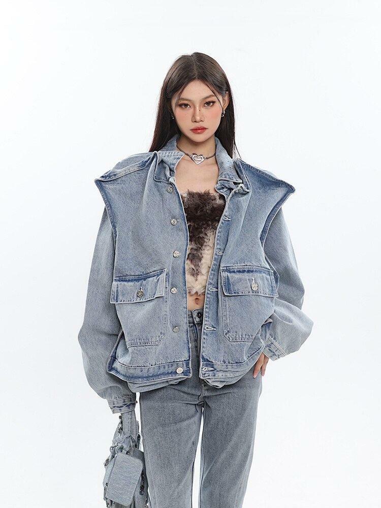 Asymmetric Design Denim Jacket - Y2K Fashion, Grunge Aesthetic, 90s Style, Trendy Layering Piece