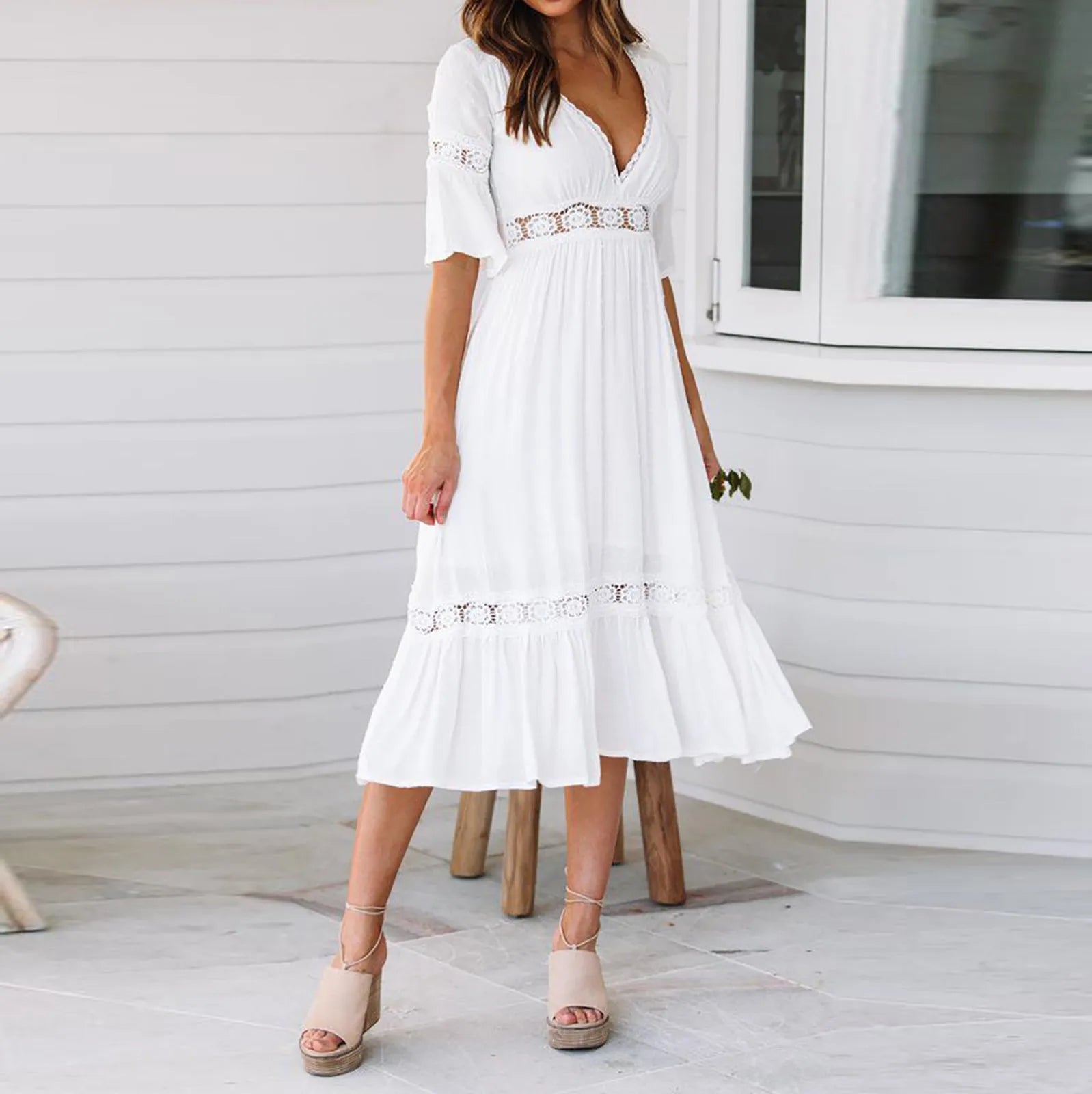 Boho Chic White A-Line Dress with Ruffles & V-Neck - Casual Elegant Summer Fashion