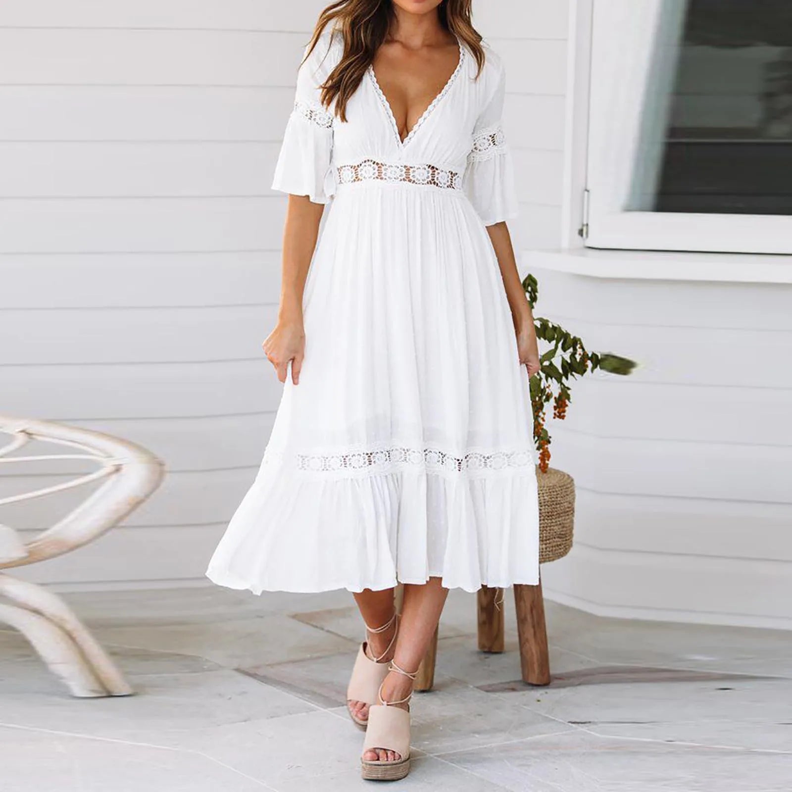 Boho Chic White A-Line Dress with Ruffles & V-Neck - Casual Elegant Summer Fashion