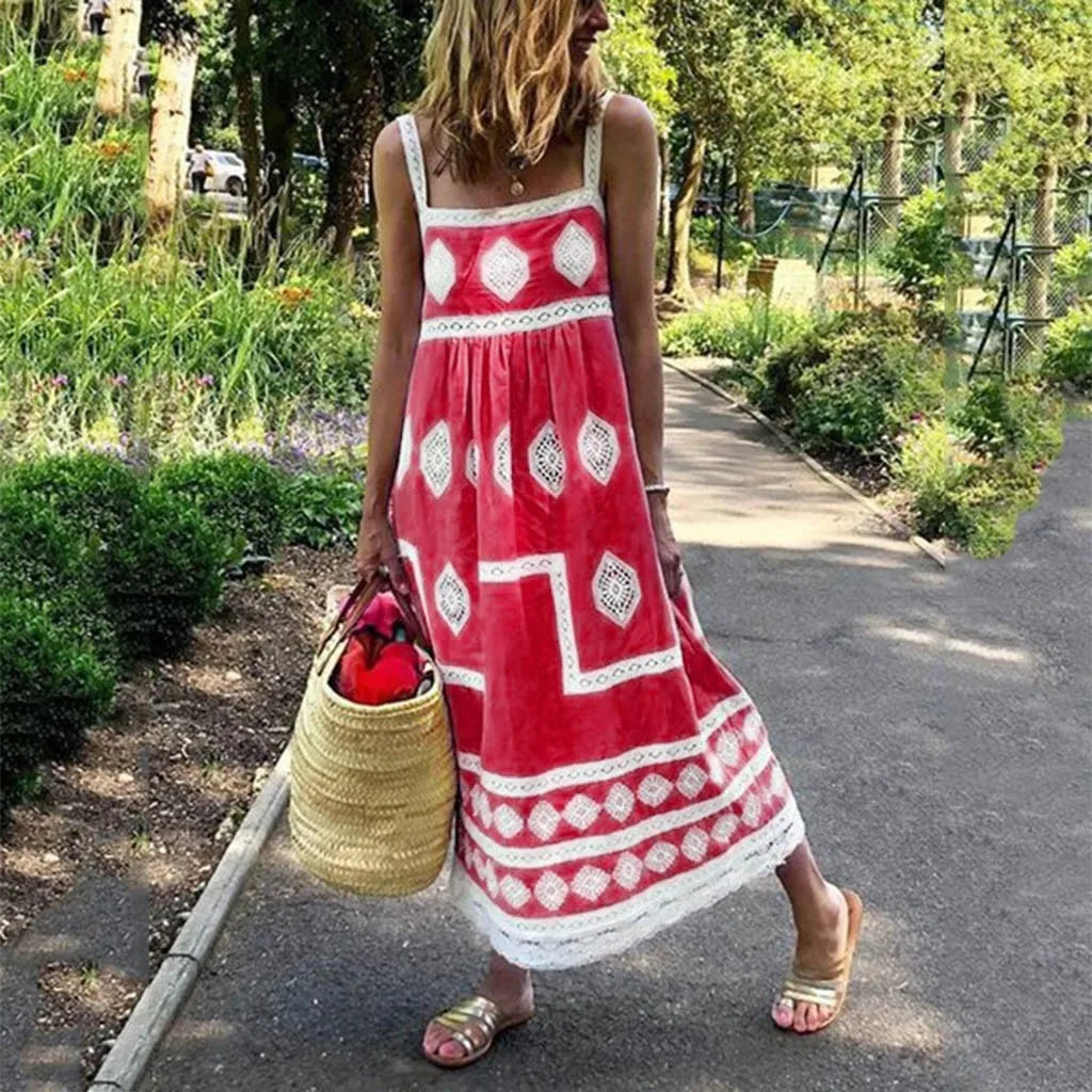 Boho Style Vintage Maxi Dress with Print - Casual Summer Beach Swing Dress for Women