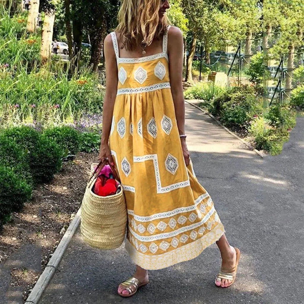 Boho Style Vintage Maxi Dress with Print - Casual Summer Beach Swing Dress for Women