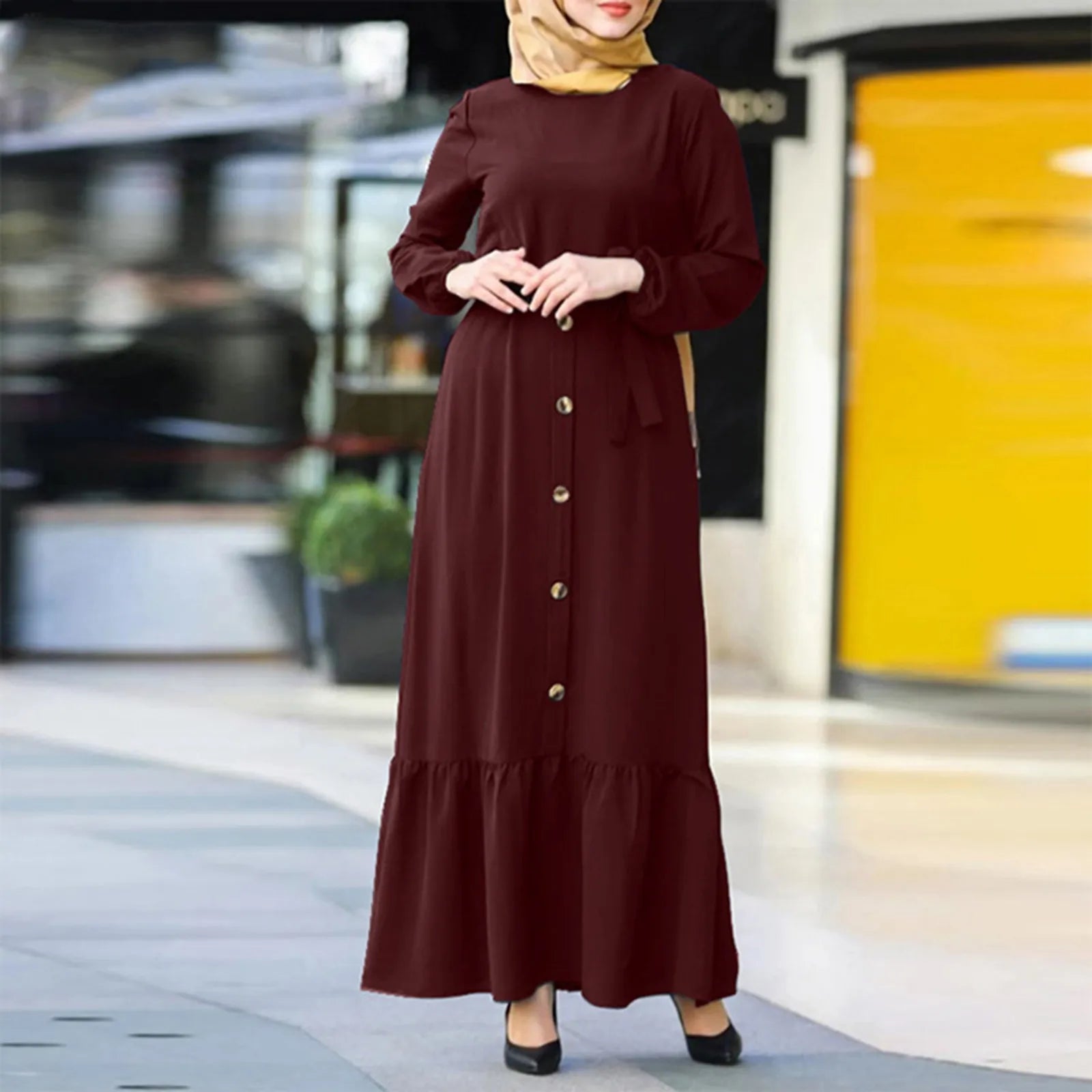 Chic Y2K Aesthetic Maxi Caftan Dress - Solid Color Long Sleeve Jilbab for Stylish Ramadan