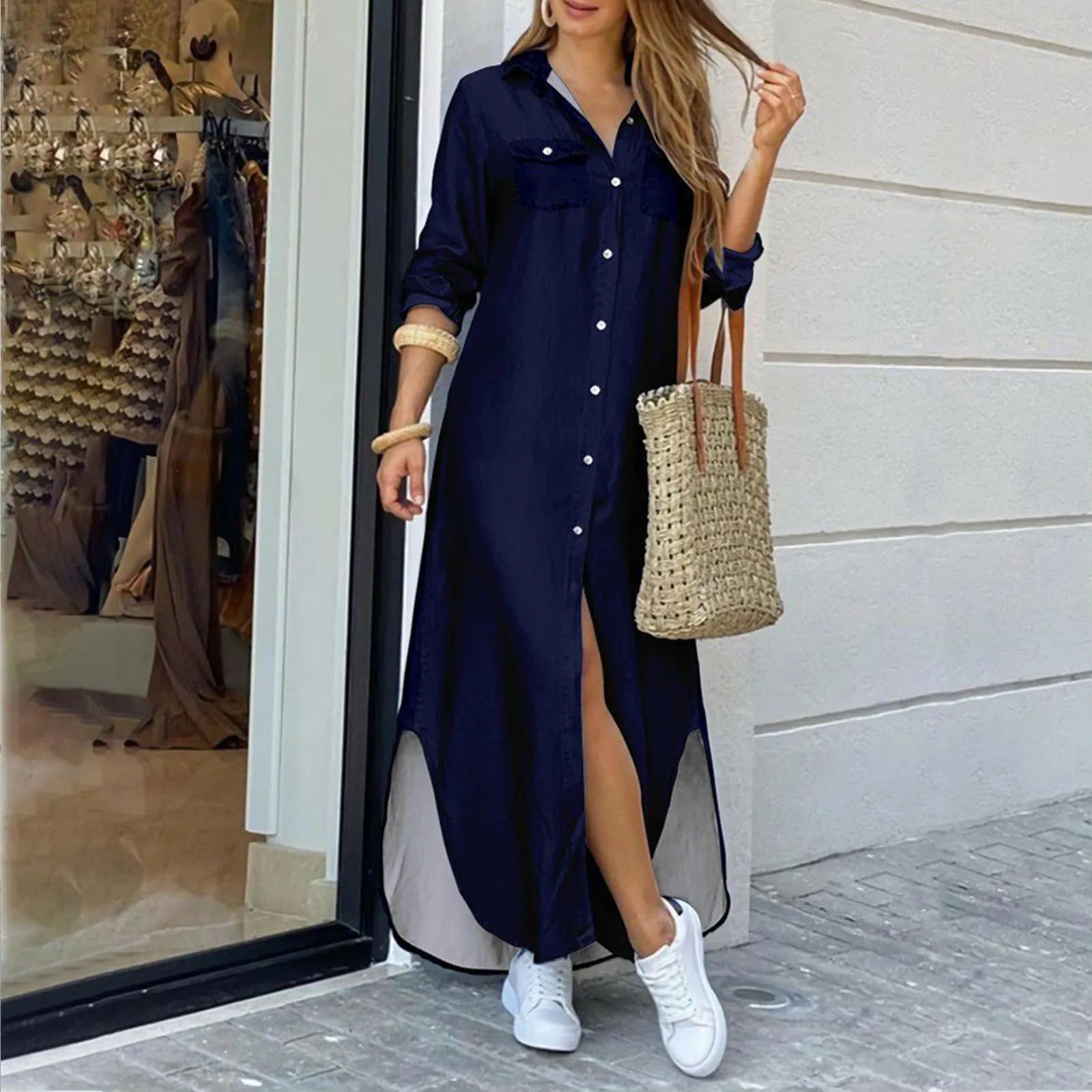 Chic Y2K Aesthetic Maxi Shirt Dress with Lapel Buttons and Slit - Casual Spring Summer Style