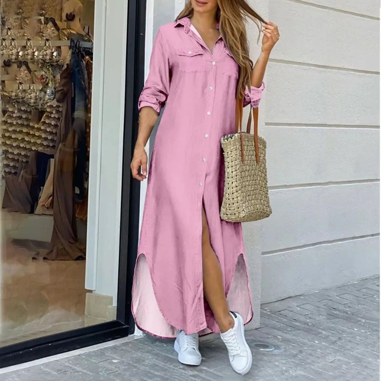 Chic Y2K Aesthetic Maxi Shirt Dress with Lapel Buttons and Slit - Casual Spring Summer Style