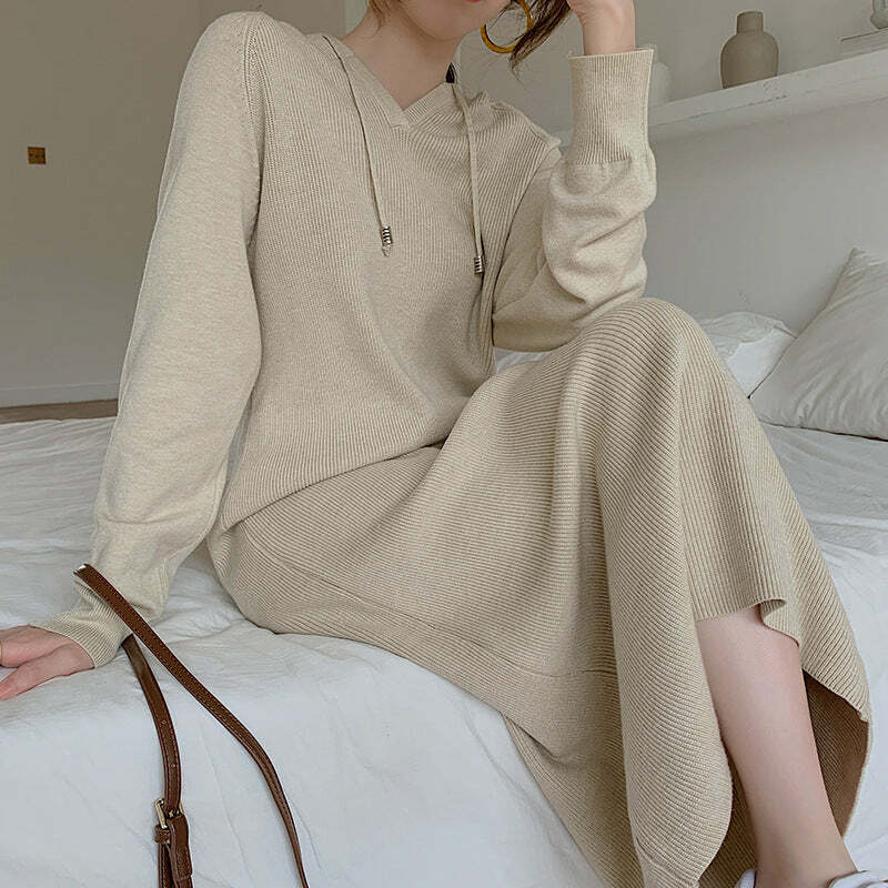 Cozy Hooded Knitted Dress - Y2K Aesthetic Long Dress for Grunge & Coquette Styles