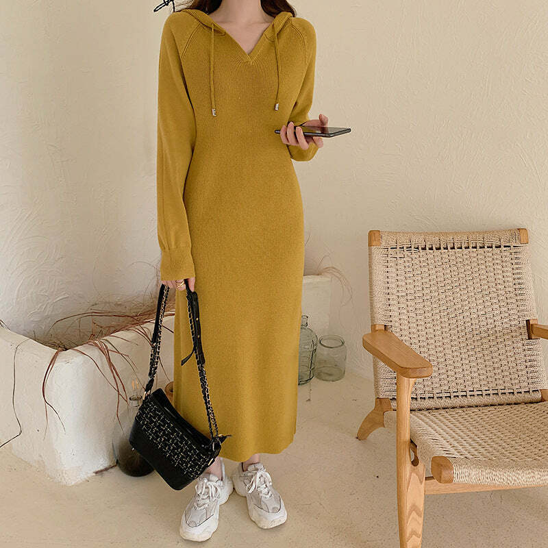 Cozy Hooded Knitted Dress - Y2K Aesthetic Long Dress for Grunge & Coquette Styles