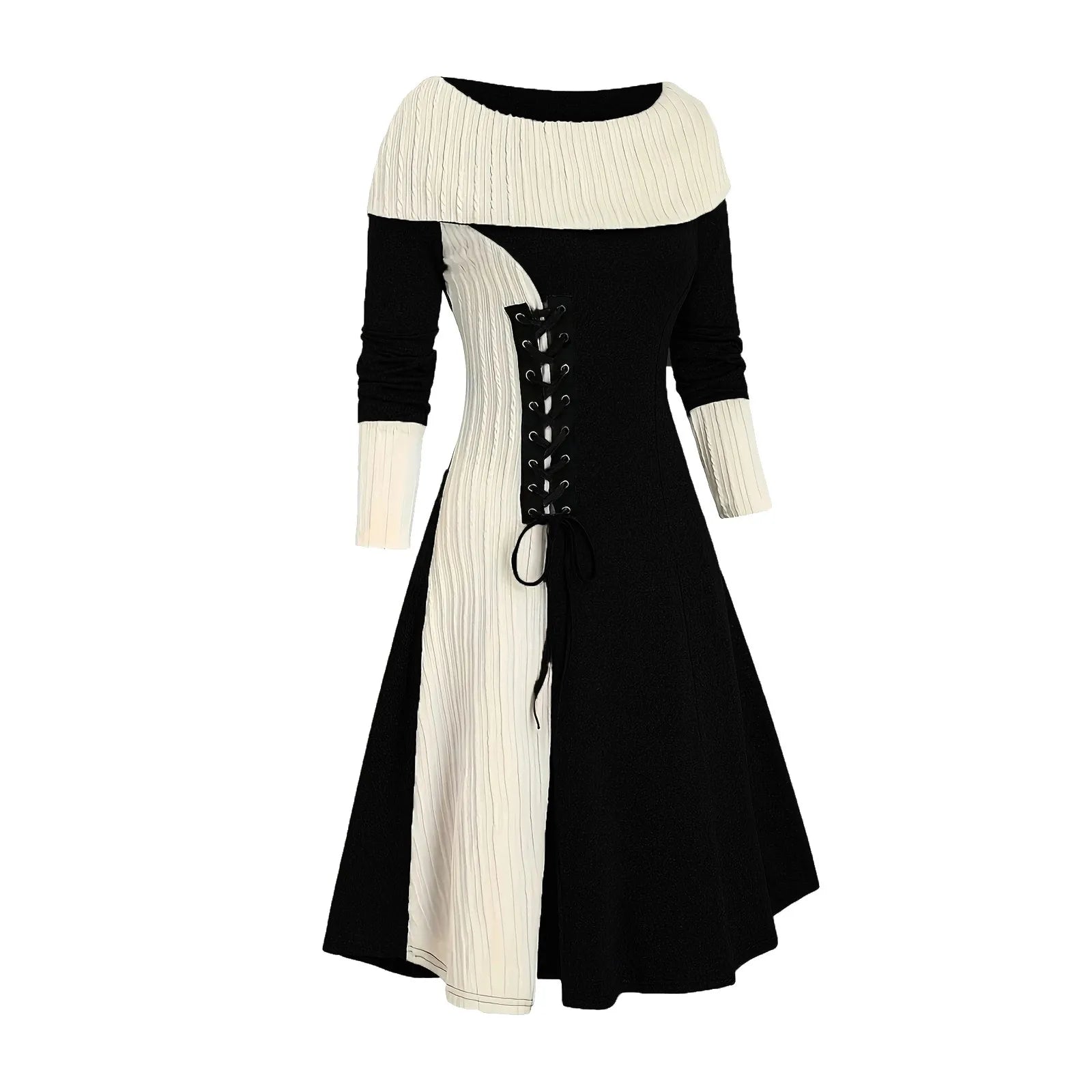 Cozy Y2K Aesthetic Longline Cable Knit Dress with Button Cowl Neck for Fall Fashion