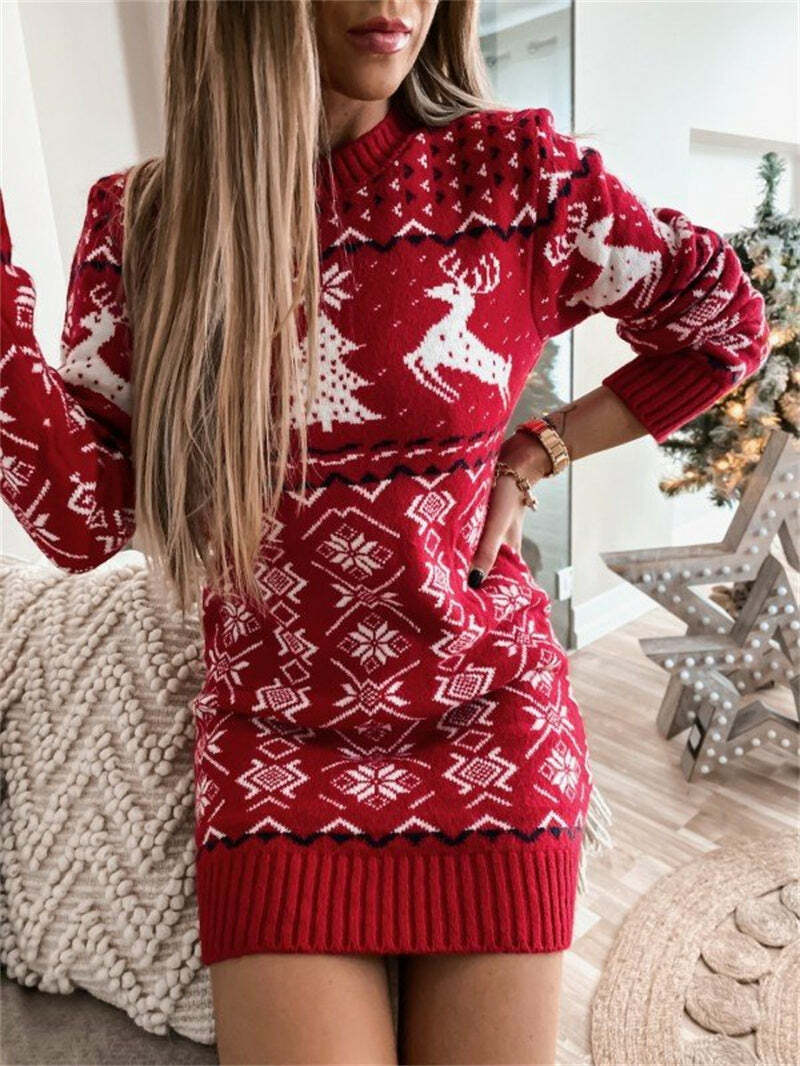 Cozy Y2K Christmas Jacquard Knitted Dress - Cute Aesthetic Holiday Fashion for Winter