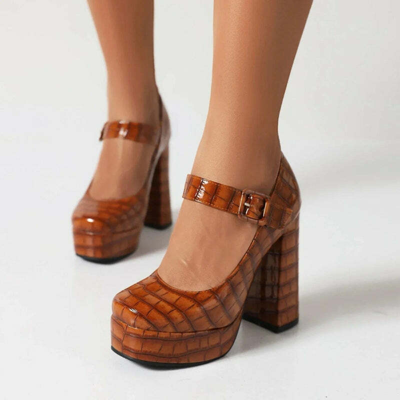 Crocodile Square Toe Platform Heels - Y2K Fashion, Grunge Aesthetic, 2000s Style Footwear