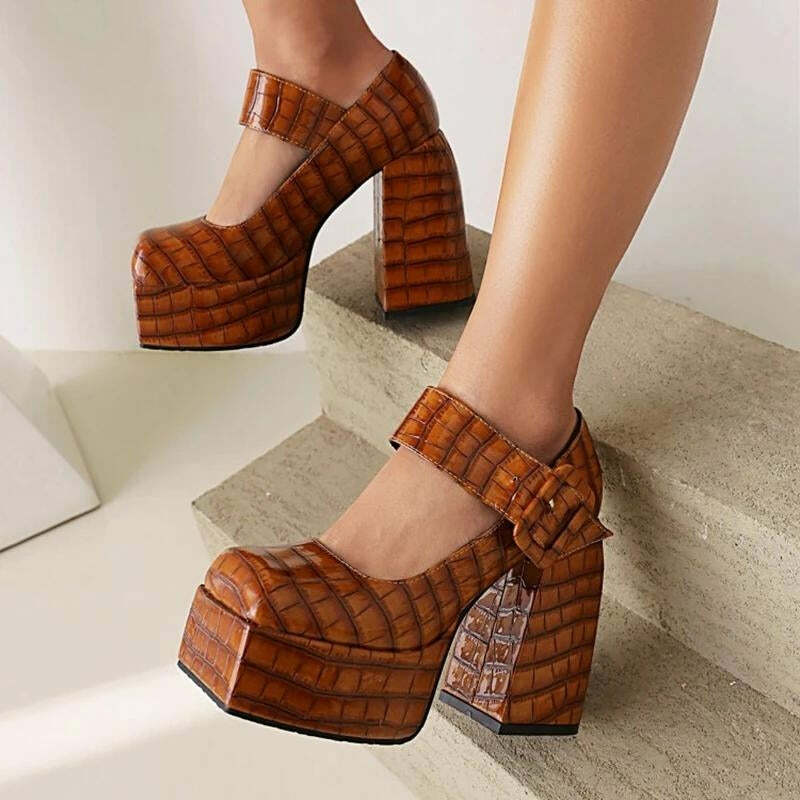 Crocodile Square Toe Platform Heels - Y2K Fashion, Grunge Aesthetic, 2000s Style Footwear