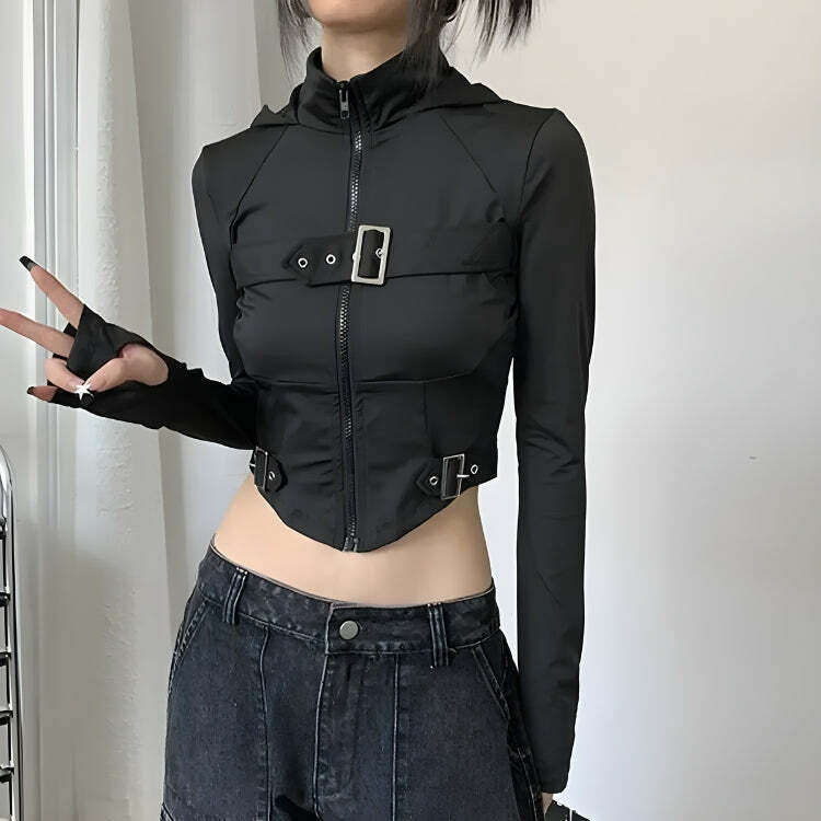 Cyberpunk Belted Zip-Up Crop Jacket Cute Casual Outfit Ideas Coquette Aesthetic