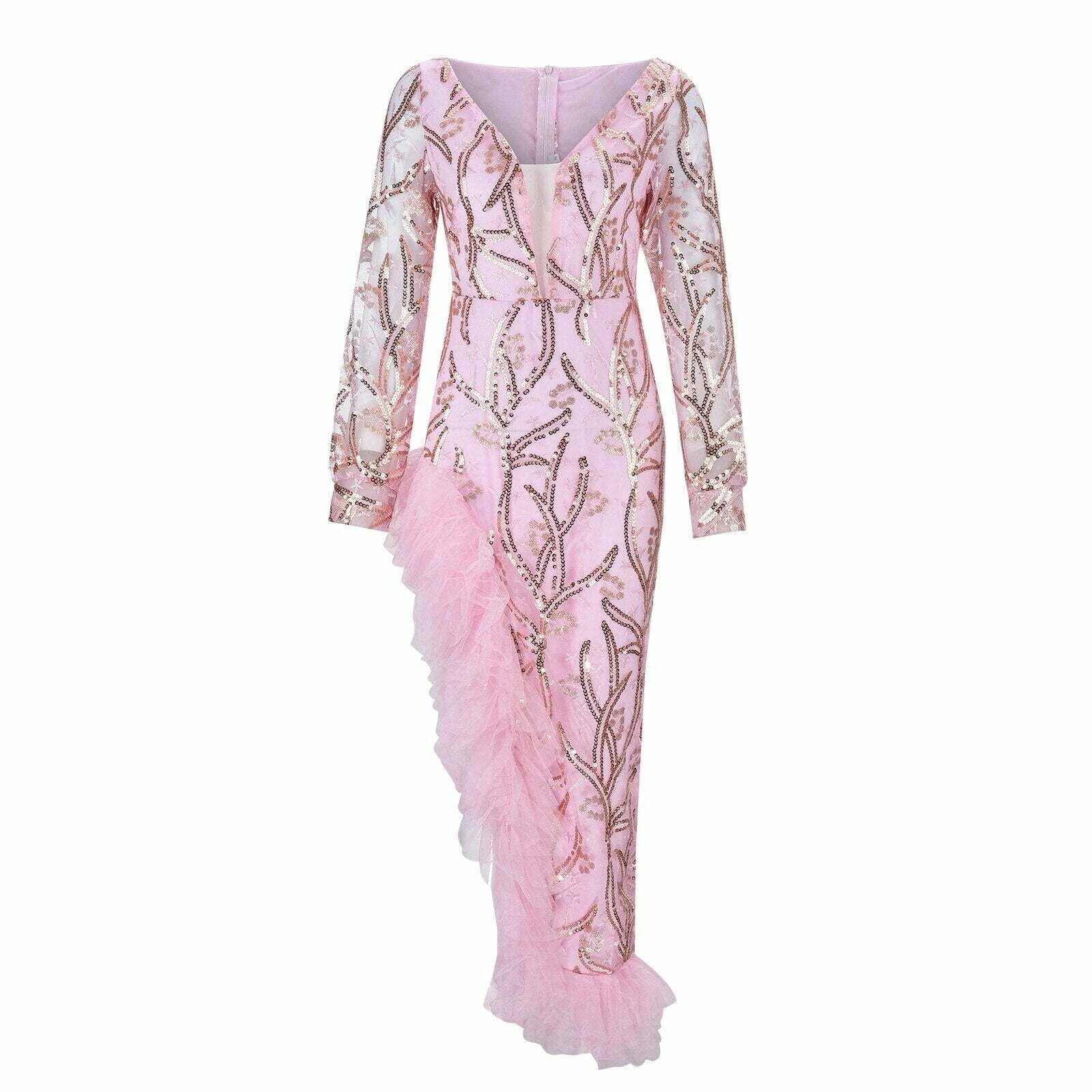 Elegant Pink Sequins Maxi Dress - Y2K Aesthetic, Coquette Style, Perfect for Fall Events