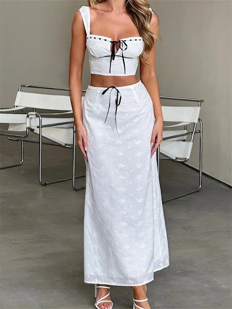 Embroidered Flower Sleeveless Top & High Waist Black Bow Long Skirt Set - Y2K Aesthetic Outfit