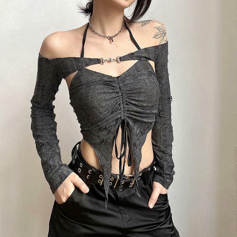 Fairy Grunge Detachable Sleeve Halter Top - Y2K Aesthetic Summer Fashion Must-Have