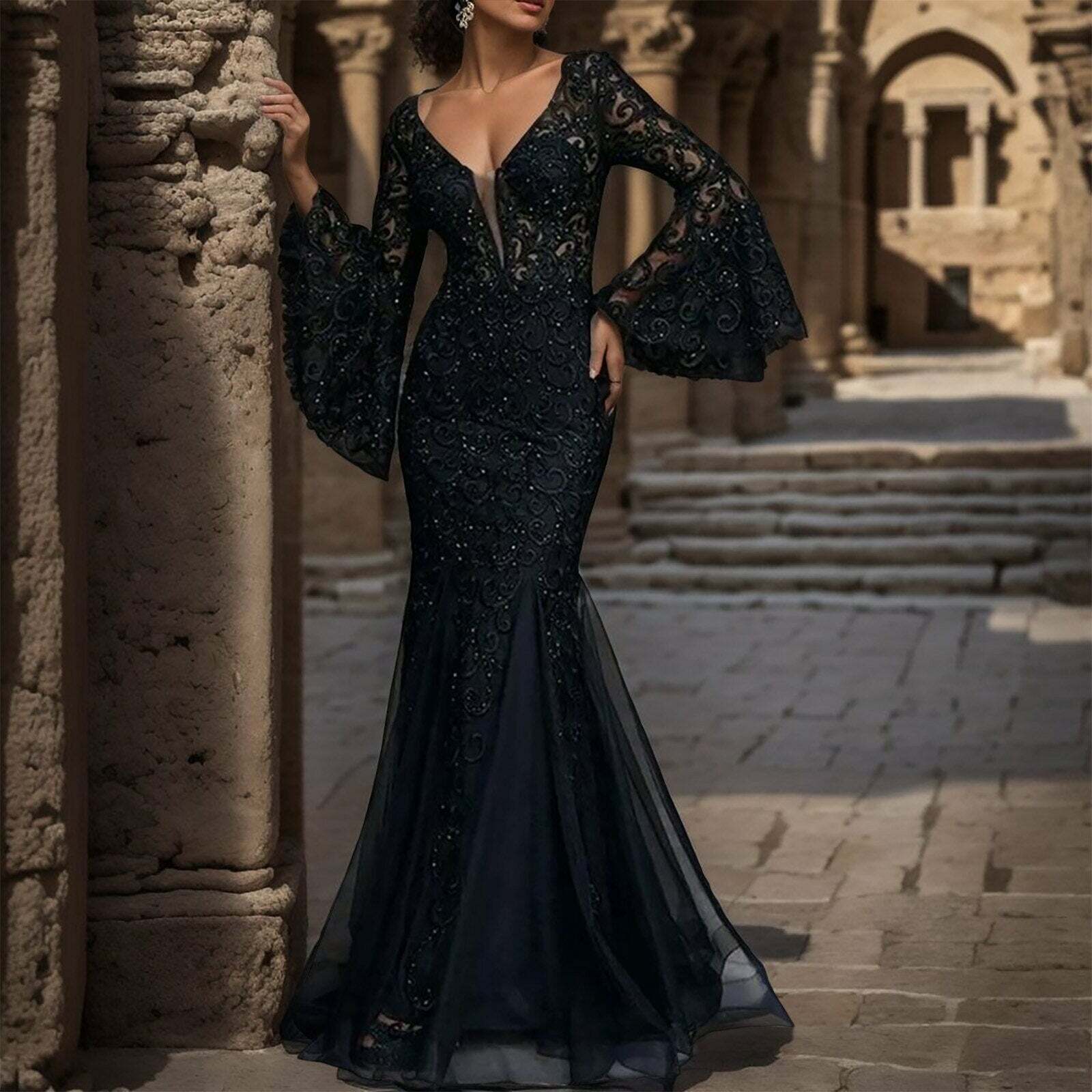 Flare Sleeve Black Lace Maxi Dress - Y2K Fashion, Coquette Aesthetic, Grunge Style, Cute Outfit