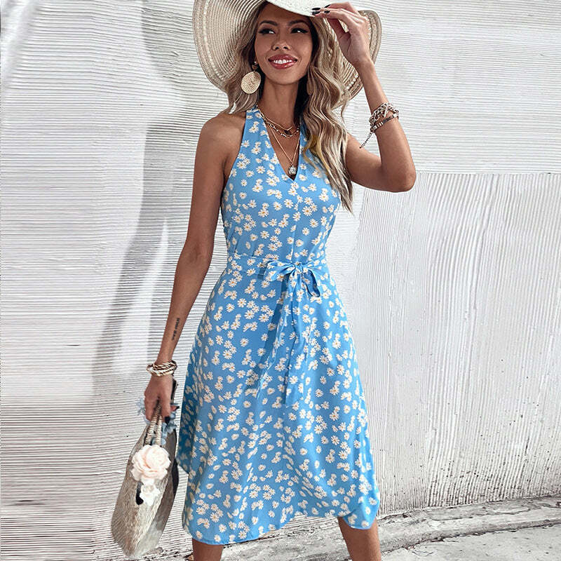 Floral Printed Halter V-Neck Y2K Summer Dress - Cute Coquette Aesthetic Outfit