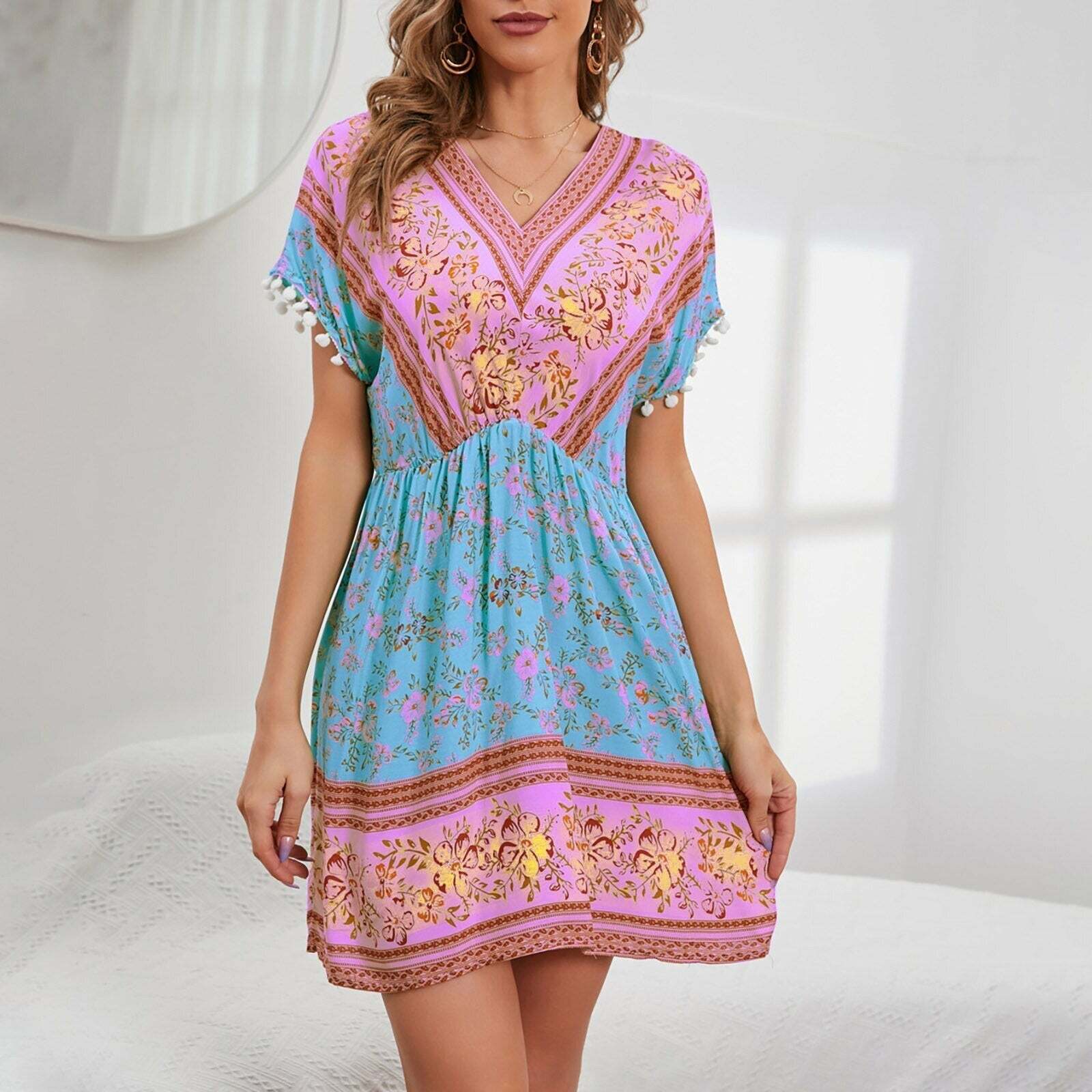 Floral V-Neck Ruffle Sleeve Boho Dress - Y2K Aesthetic, Cute & Comfy for Every Occasion