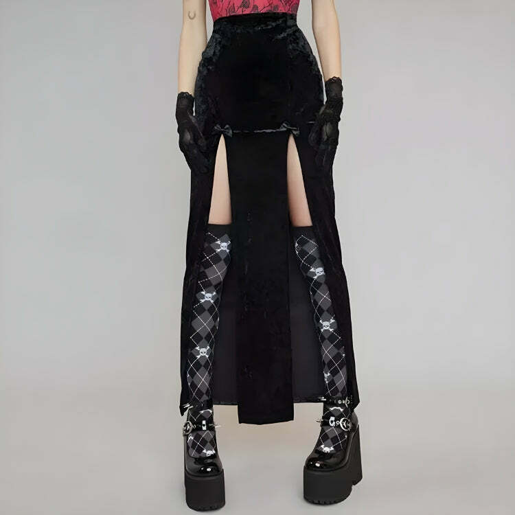 Goth Y2K Velvet High Split Midi Skirt - Grunge Aesthetic Summer Outfit Essential