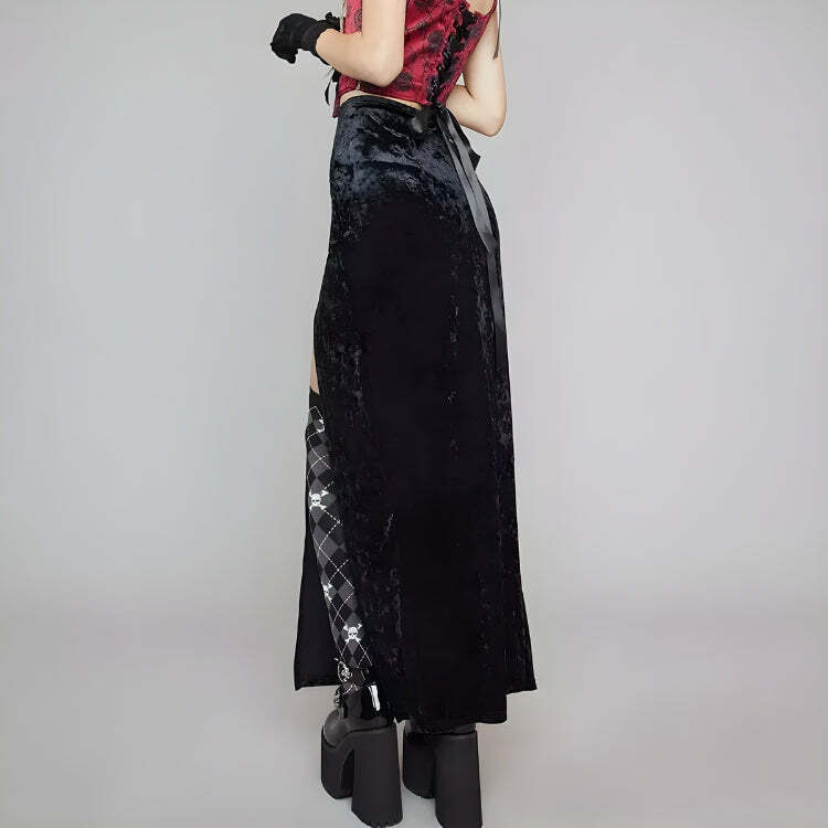 Goth Y2K Velvet High Split Midi Skirt - Grunge Aesthetic Summer Outfit Essential