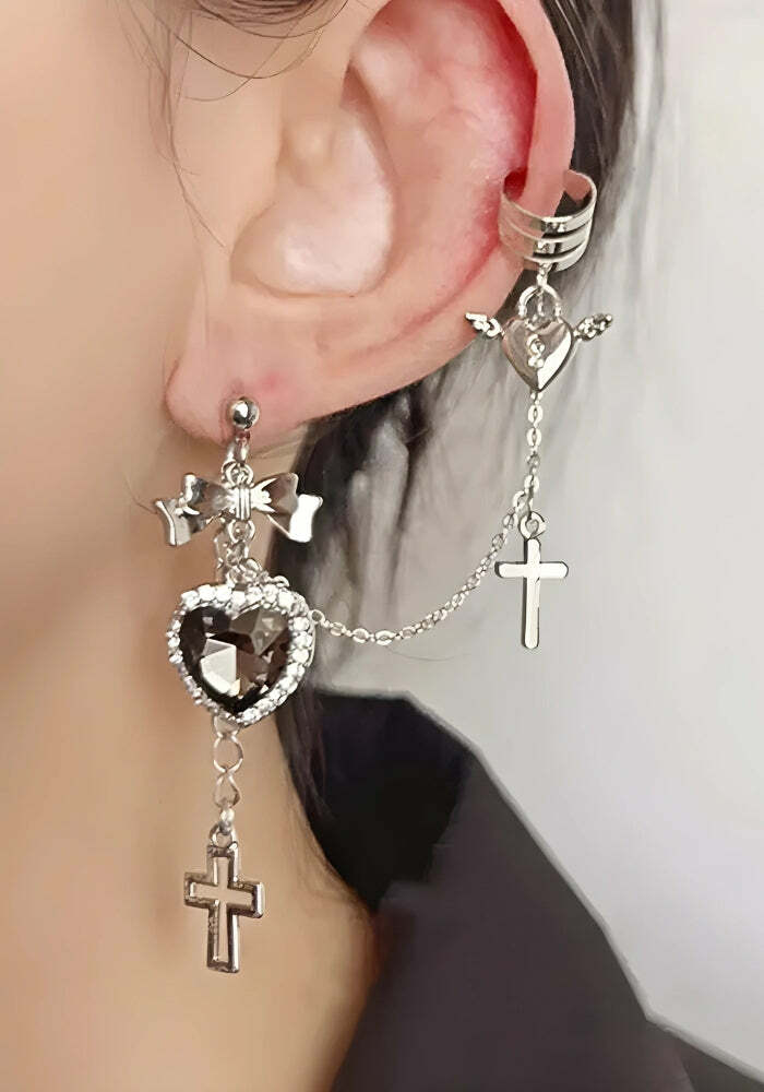 Gothic Heart Cross Chain Earrings - Y2K Grunge Aesthetic Jewelry for 90s Fashion Lovers