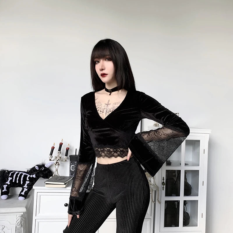 Gothic Lace Flare Cuffs Crop Top - Y2K Grunge Aesthetic for Summer Outfits & 90s Fashion