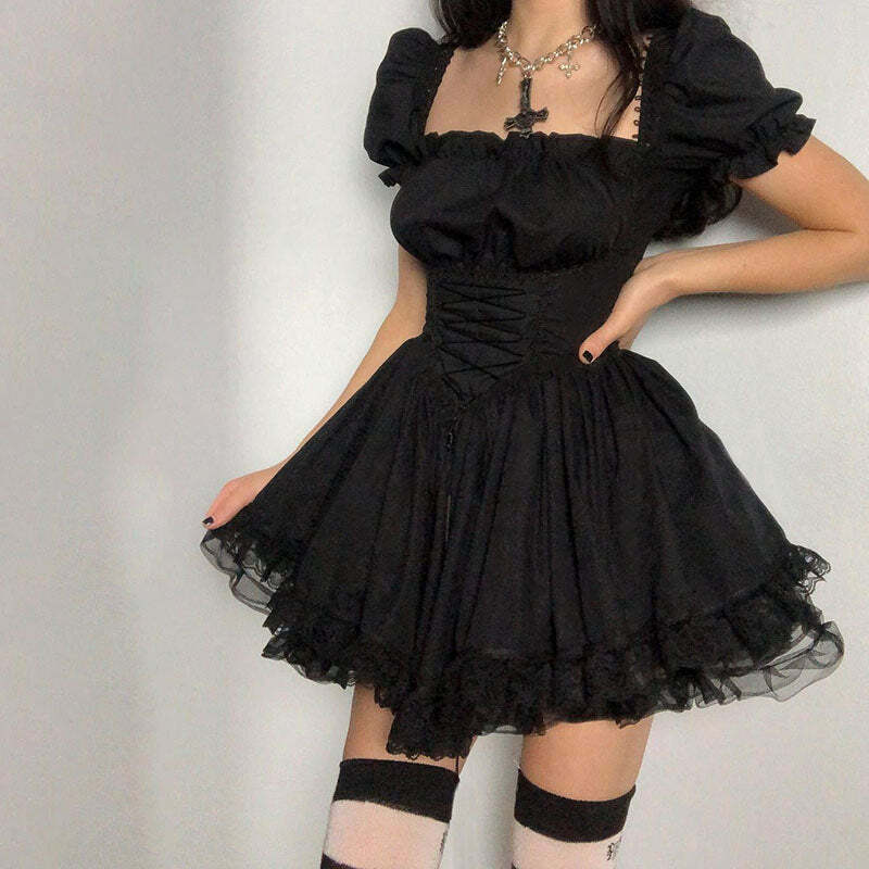 Gothic Lolita Mini Dress - Y2K Aesthetic, Coquette Style, Cute Tops, Grunge Fashion