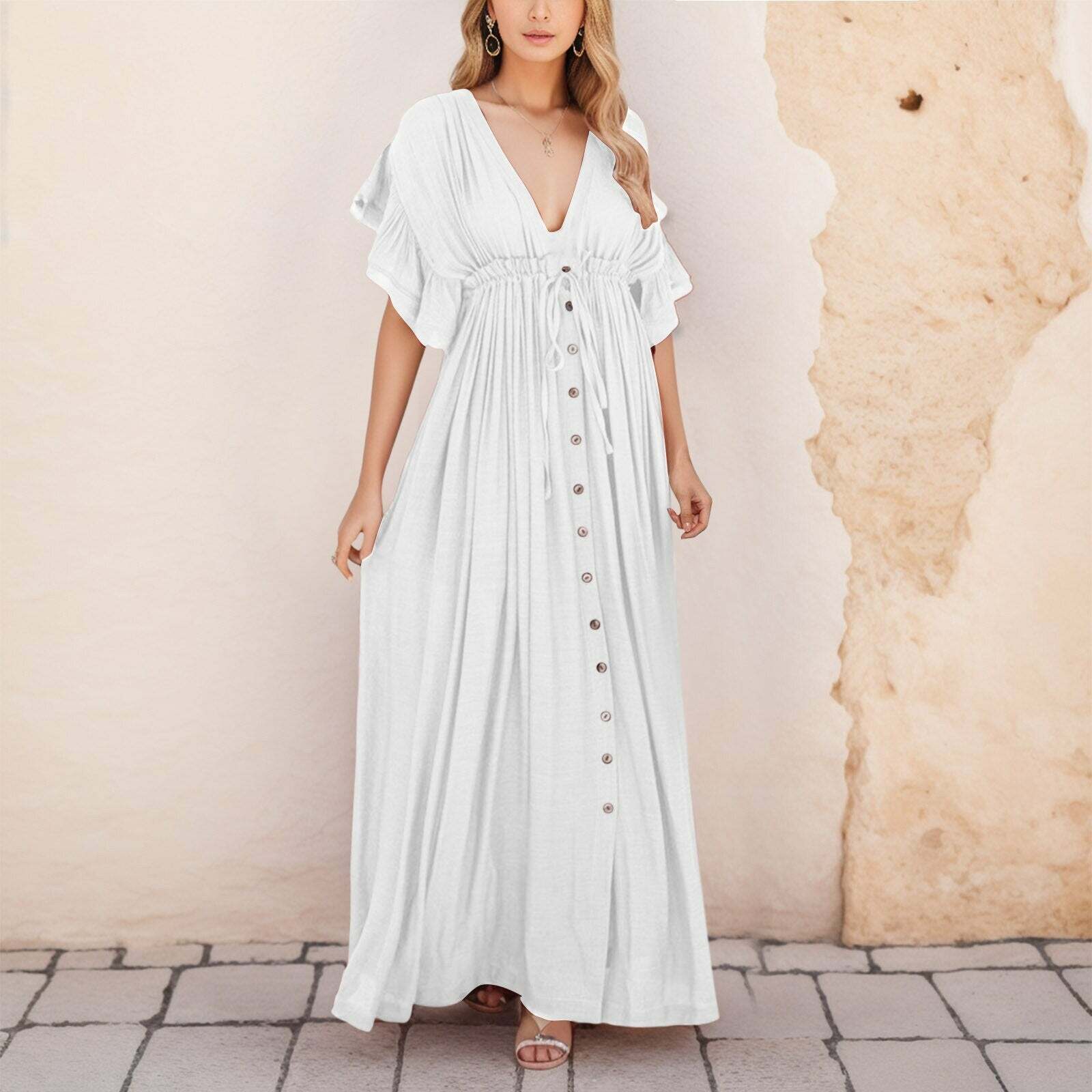 High Waist Single-Breasted White Maxi Dress - Y2K Boho Aesthetic for Effortless Style