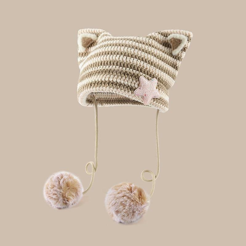 Kawaii Cat Ear Pom-Pom Beanie - Y2K Aesthetic Winter Accessory for Cute Outfits