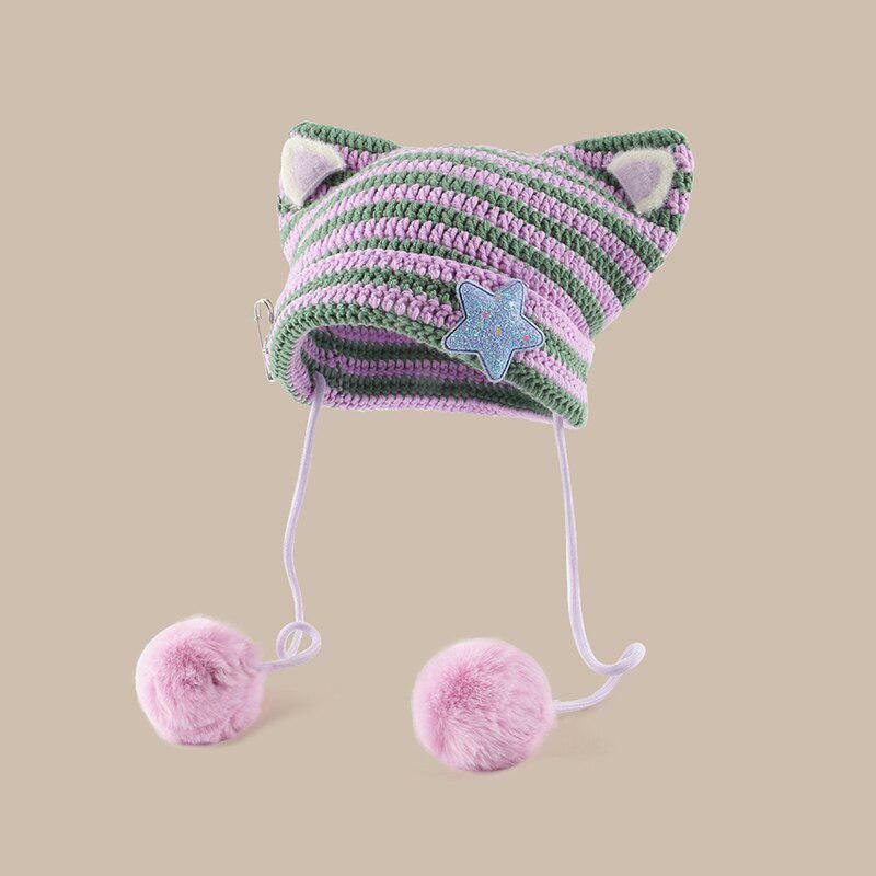 Kawaii Cat Ear Pom-Pom Beanie - Y2K Aesthetic Winter Accessory for Cute Outfits