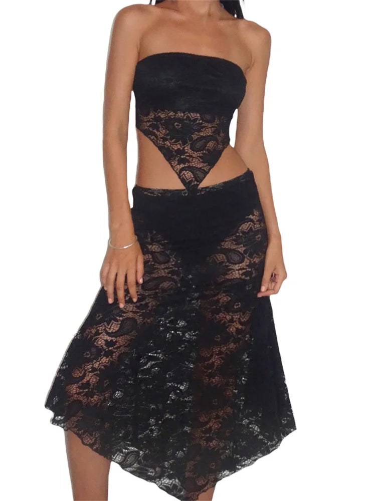 Lace Floral Mesh Backless Tops & Long Skirts Set - Y2K Coquette & Grunge Aesthetic Outfit