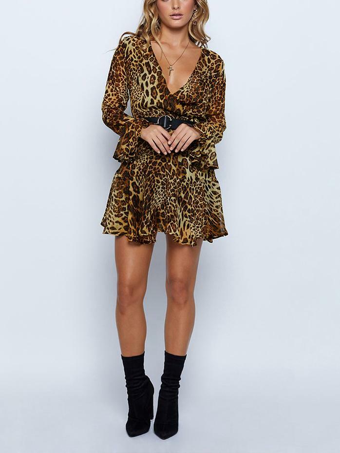 Leopard Print Plunging Neck Mini Dress - Y2K Aesthetic, Grunge Style, Coquette Fashion