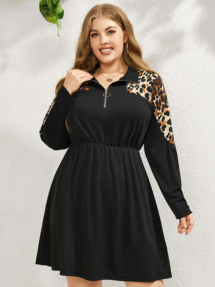 Leopard Print Y2K Aesthetic Zip Sundress with Lapel Collar - Cute Summer Outfit