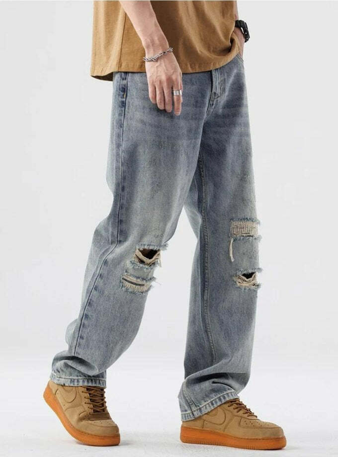 Light Wash Distressed Baggy Jeans - Y2K Grunge Style for Effortless Summer Outfits