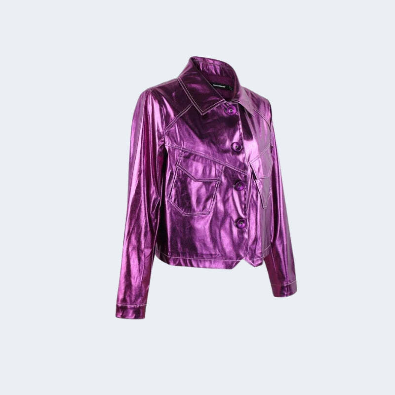 Metallic Fuchsia Faux Leather Jacket - Y2K Fashion Statement for Grunge & 2000s Outfits