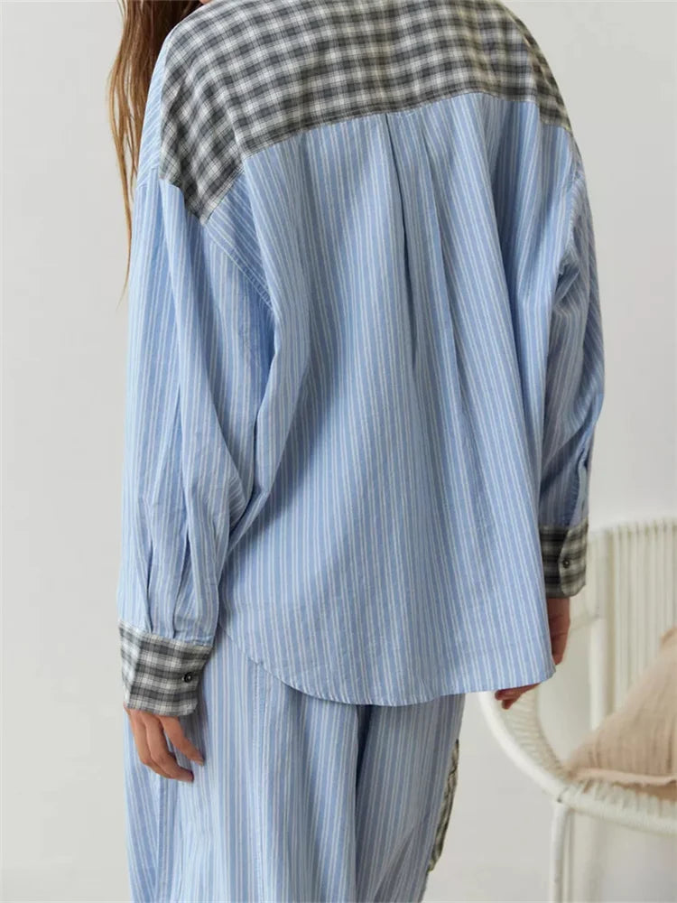 Plaid Patchwork Button-Up Sleepwear Set - Comfy Y2K Aesthetic Loungewear for Cozy Nights