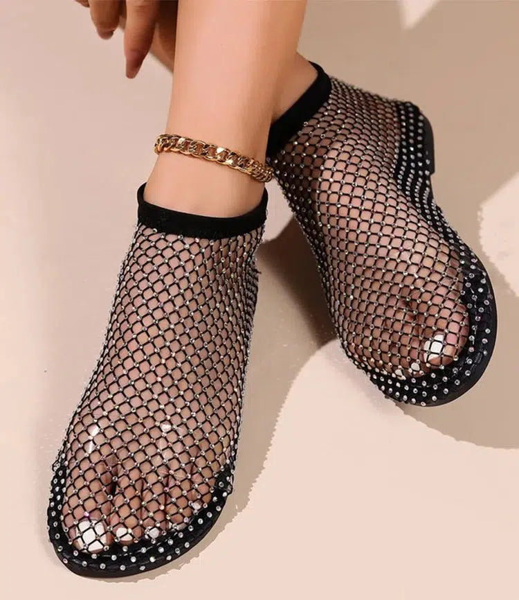 Rhinestone Fishnet Ballerina Flats - Y2K Aesthetic Summer Shoes for Grunge & 90s Fashion