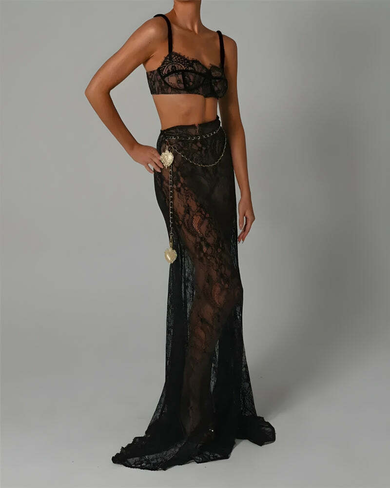 Sheer Lace Y2K Two-Piece Set for Summer: Trendy Grunge & Coquette Aesthetic Outfits