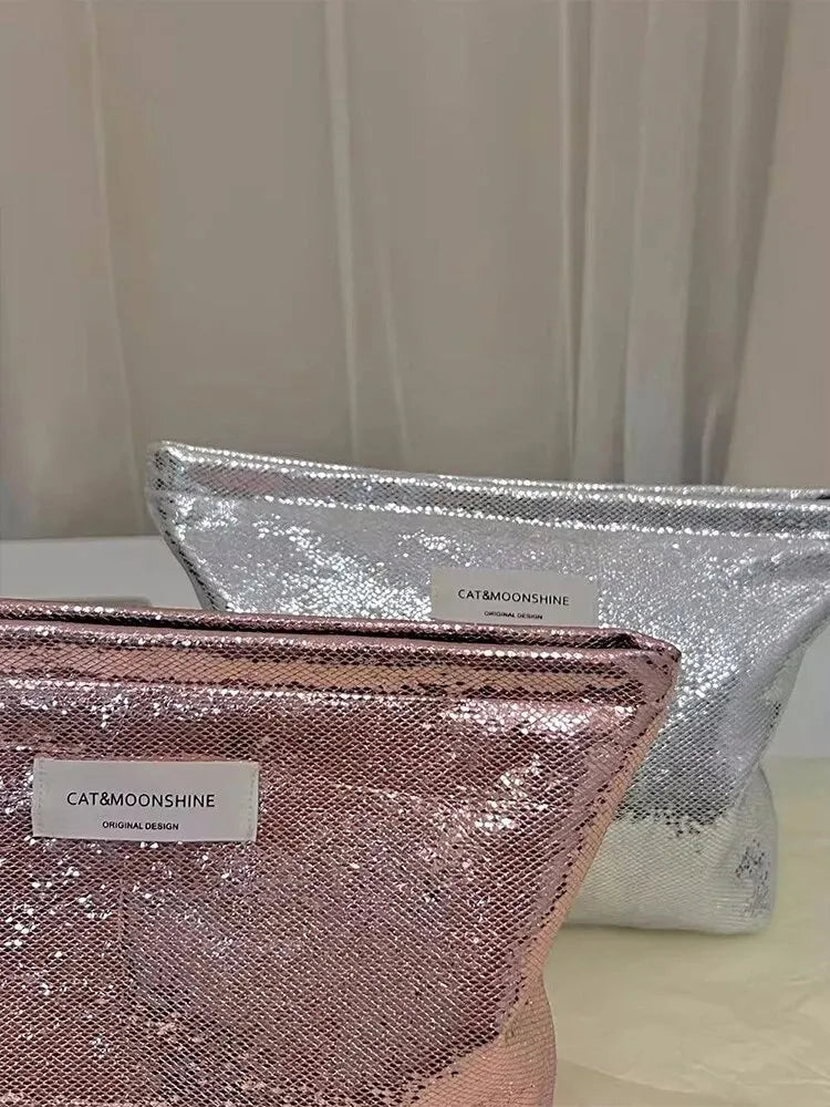 Shiny Metallic Makeup Bag for Y2K Fashion Lovers - Perfect for 90s Outfits & Summer Vibes