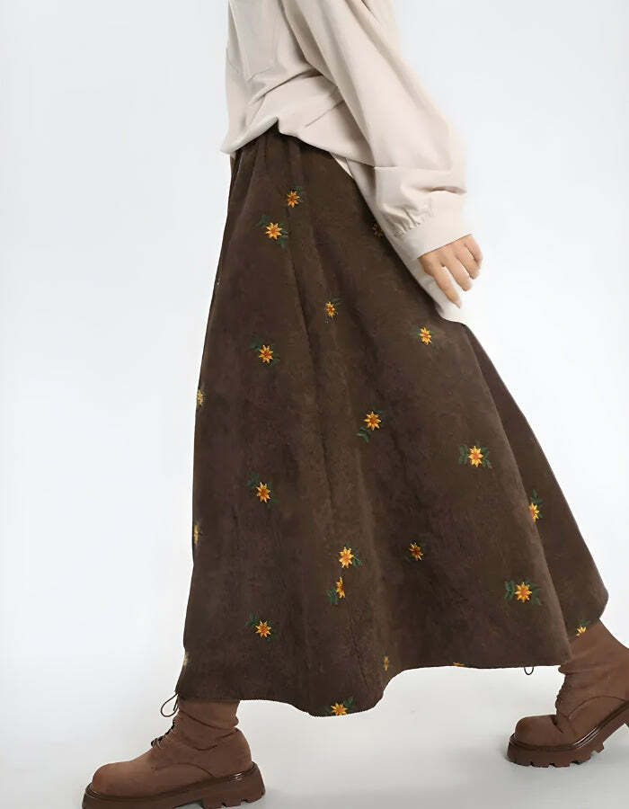 Sunflower Embroidered Y2K Corduroy Maxi Skirt - Vintage 90s Grunge Aesthetic Fashion