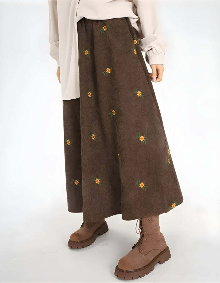 Sunflower Embroidered Y2K Corduroy Maxi Skirt - Vintage 90s Grunge Aesthetic Fashion