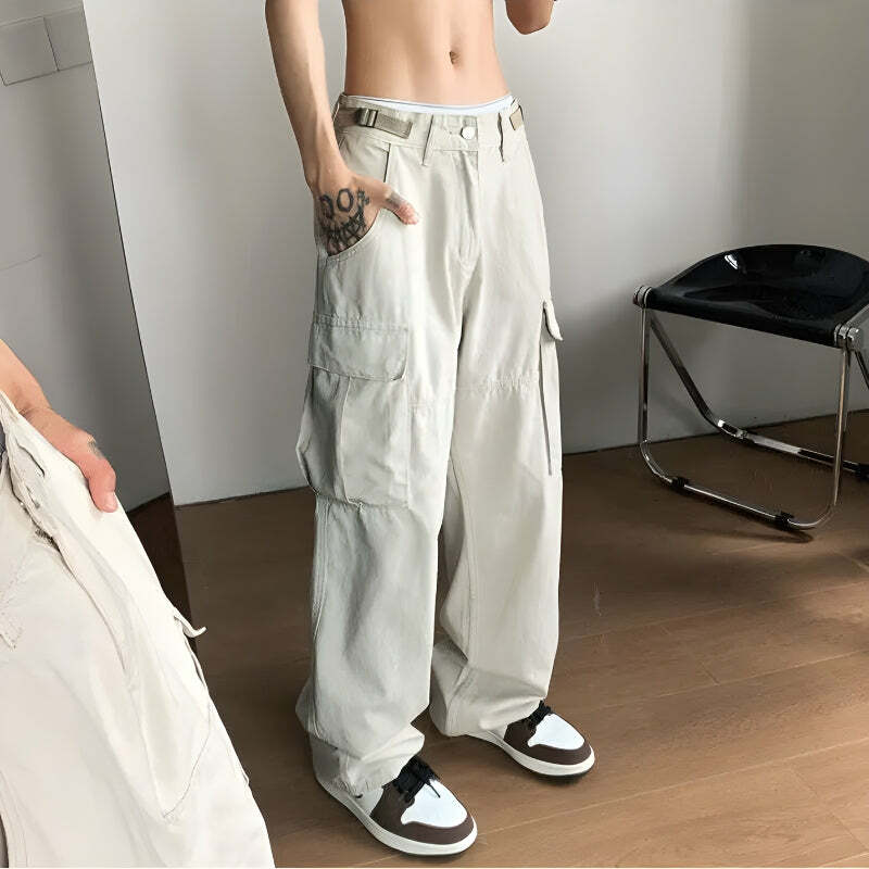 Trendy Y2K Baggy Cargo Pants with Side Belt - Perfect for 90s Grunge and Summer Outfits