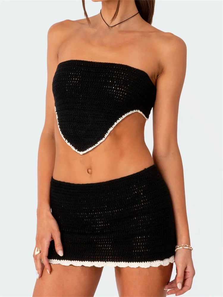 Trendy Y2K Off Shoulder Tube Top & Knitted Skirt Set - Perfect for Coquette & Grunge Aesthetics