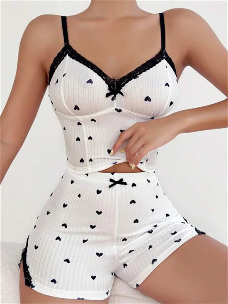 V-Neck Heart Print Camisole Set - Y2K Aesthetic Sleepwear for Cozy Nights