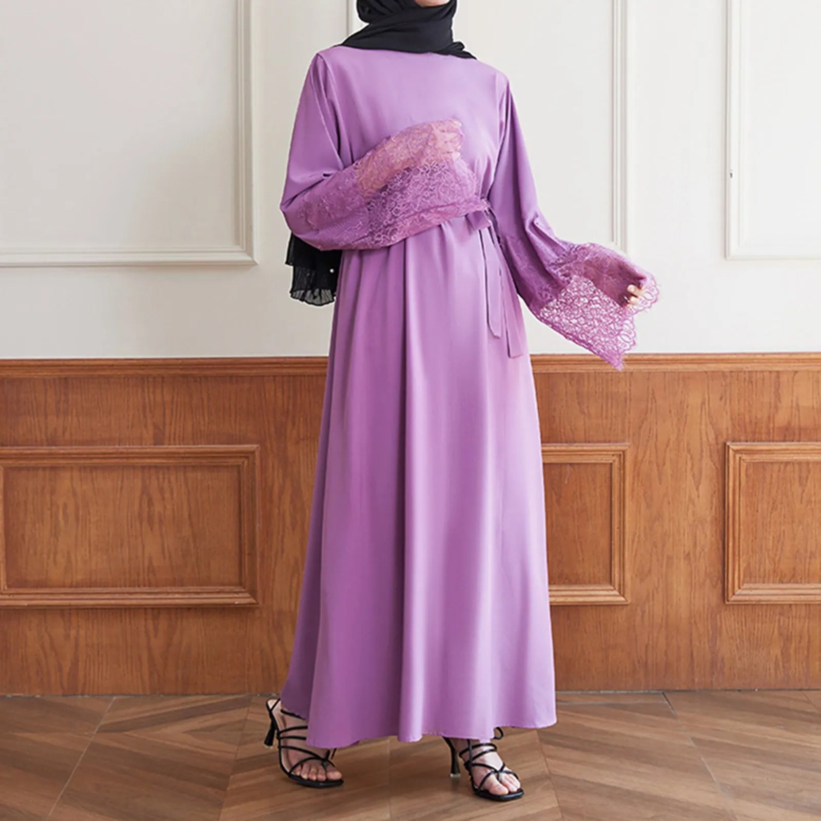 Vintage Lace Solid Abaya Dress - Long Sleeve Muslim Pullover for Ramadan & Prayer