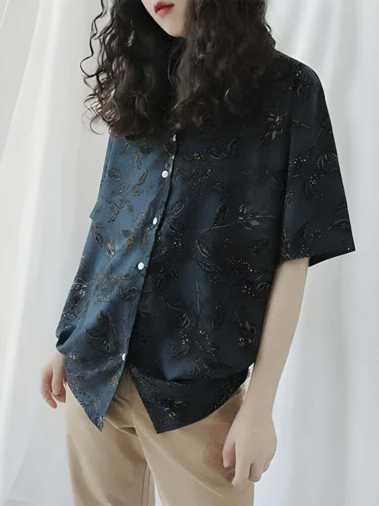 Vintage Leaf Print Y2K Aesthetic Shirt - Perfect for Summer Outfits & 90s Fashion Lovers