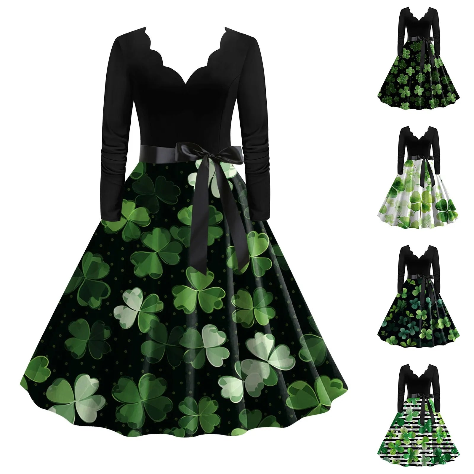 Vintage Swing A-Line Dress with Belted V-Neck and Four Leaf Straw Print for St. Patrick's Day